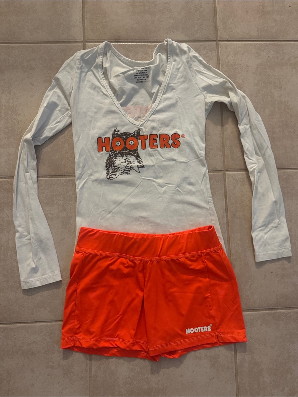 Hooters White V-Neck Long Sleeve Top with Orange Logo and Orange Shorts